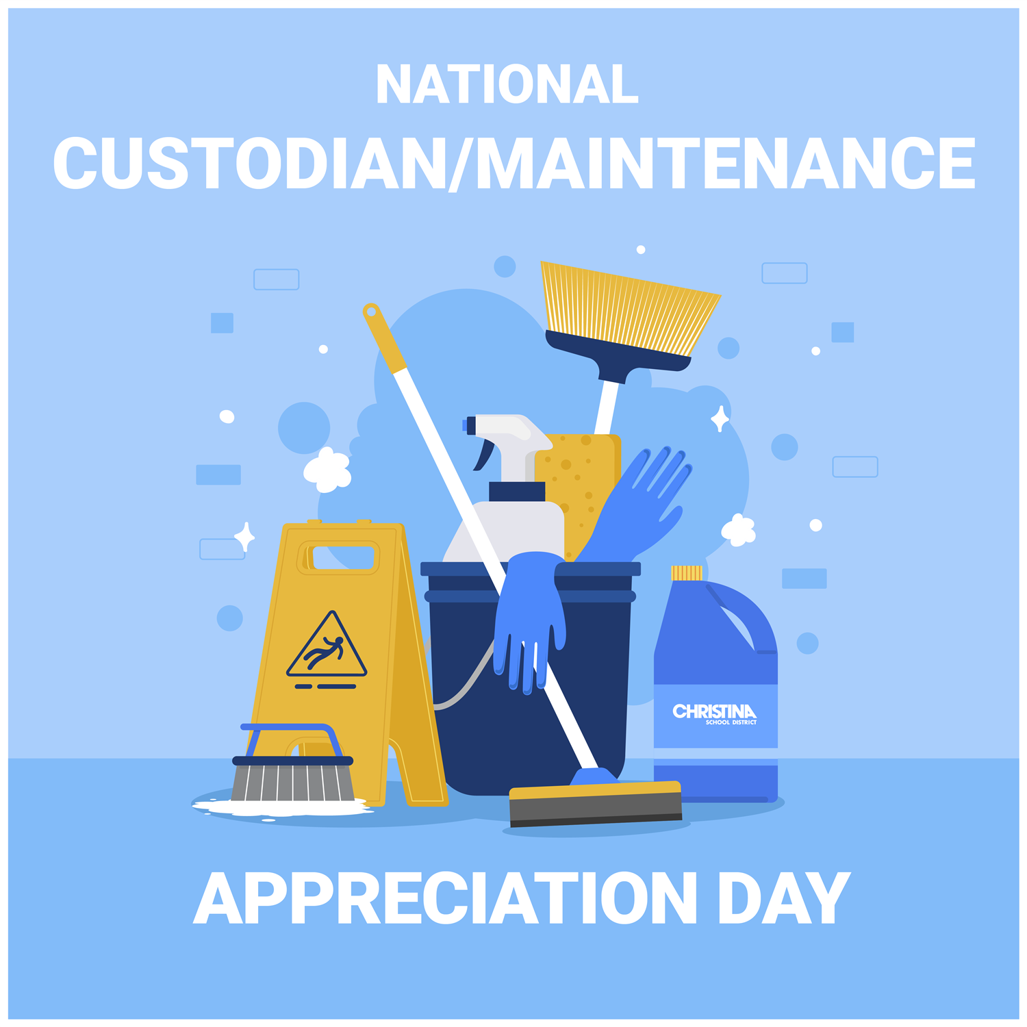  National Custodian/Maintenance Appreciation Day with cleaning supplies on blue background